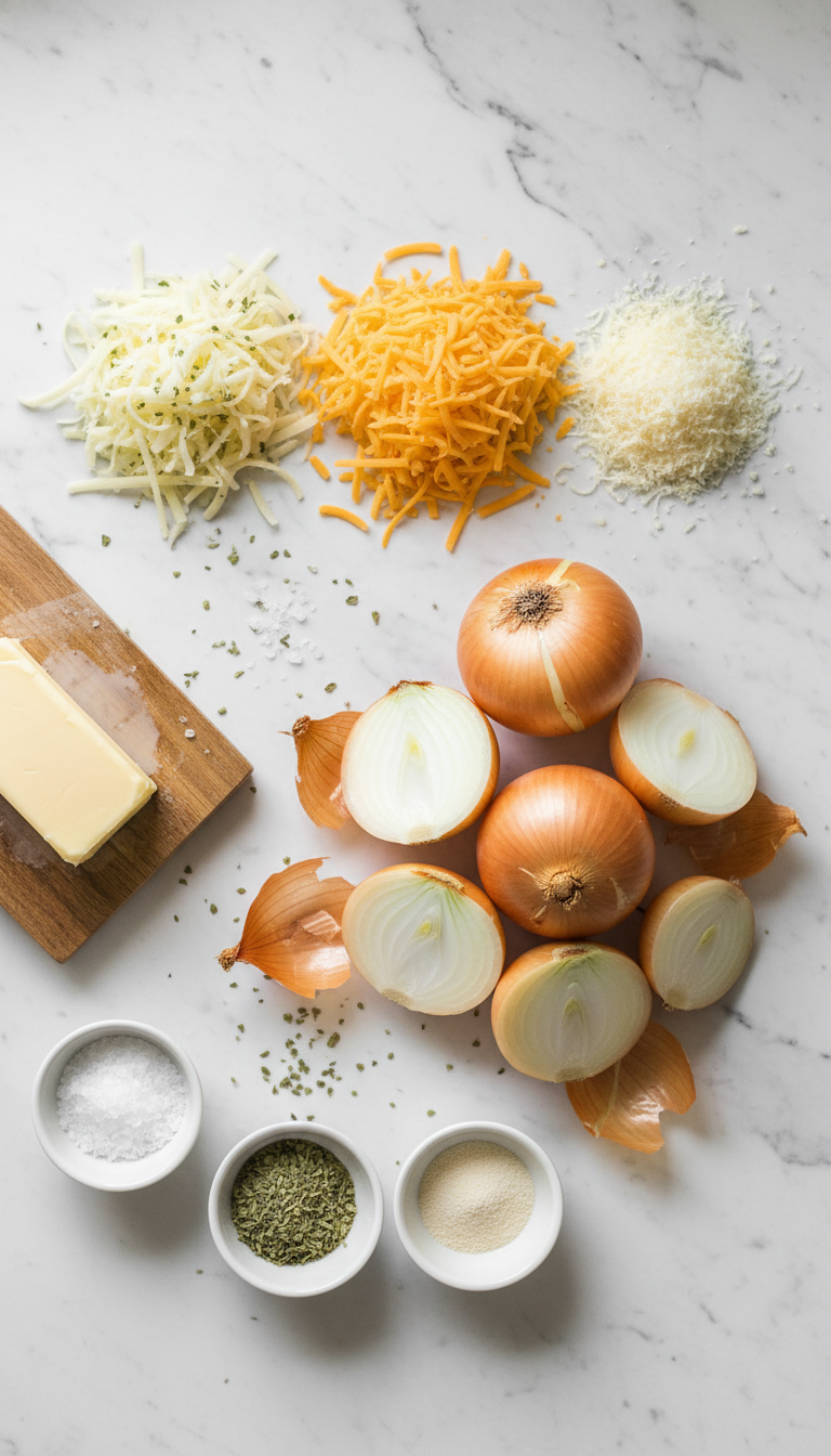 Fresh ingredients for Tennessee Onions recipe including Vidalia sweet onions, butter pats, and three types of shredded cheese arranged on a wooden cutting board
