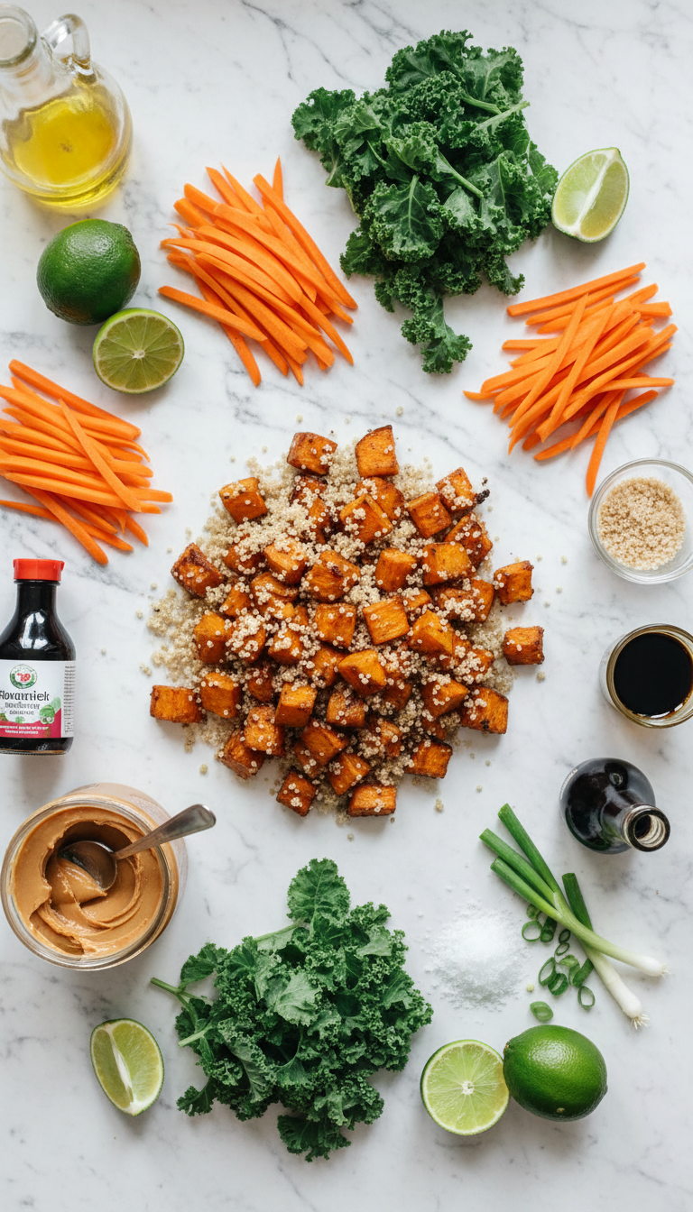Fresh ingredients for Thai Peanut Sweet Potato Buddha Bowl including diced sweet potatoes, quinoa, kale, carrots, and peanut sauce ingredients arranged on a wooden cutting board