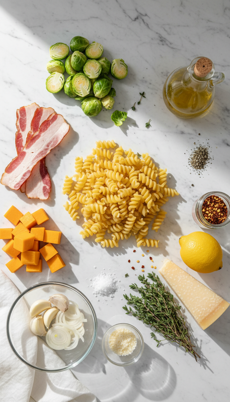 Fresh ingredients for Turkey Bacon Brussels Sprouts Butternut Squash Pasta including cubed butternut squash, halved brussels sprouts, turkey bacon strips, and pasta