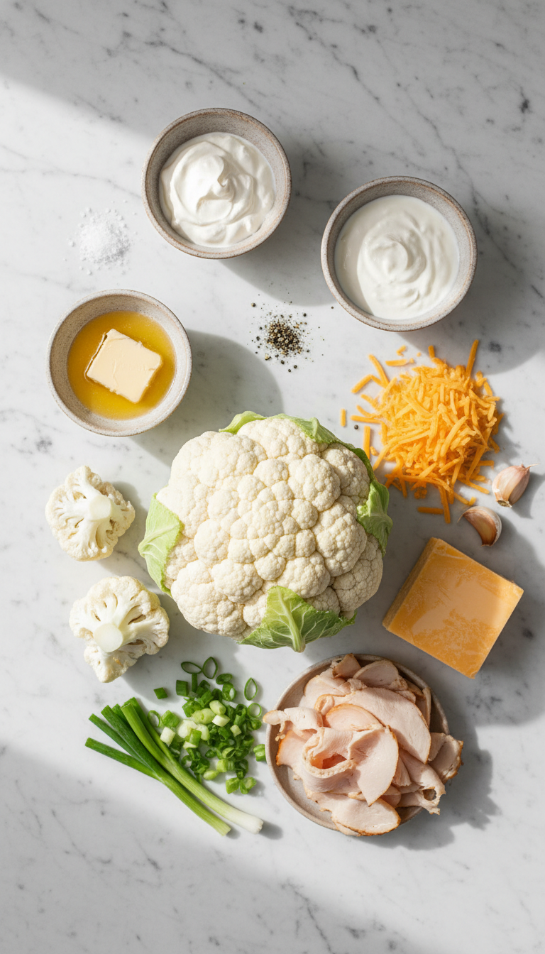 Fresh cauliflower florets, melted butter, sour cream, heavy cream, shredded cheddar cheese, cooked turkey slices, and green onions arranged on a white kitchen counter for cauliflower casserole recipe