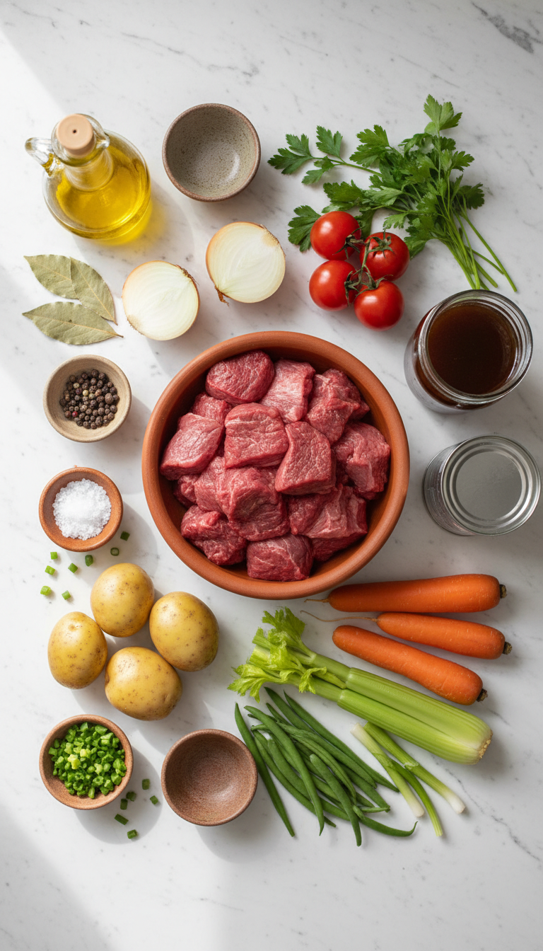 Fresh ingredients for vegetable beef soup recipe arranged on marble countertop with colorful vegetables and beef