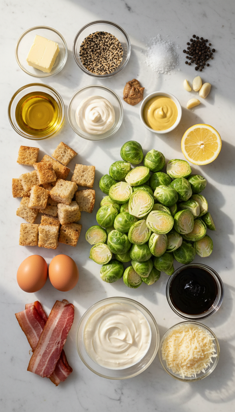 Fresh Brussels sprouts, eggs, smoked beef rashers, grinder rolls, and Caesar dressing ingredients arranged on a wooden cutting board