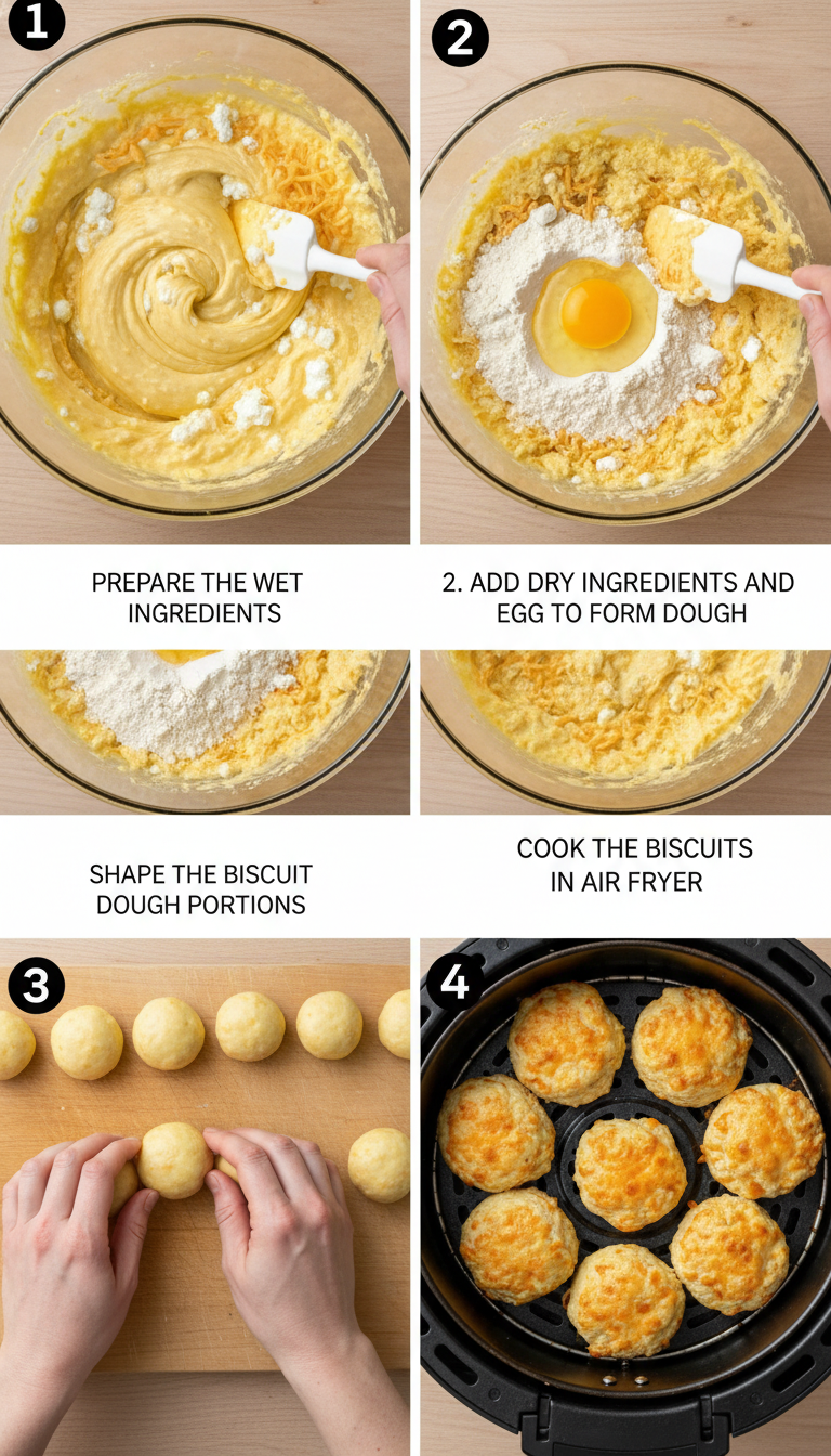 Step-by-step visual guide showing the preparation process of air fryer cheddar biscuits from mixing to final golden result