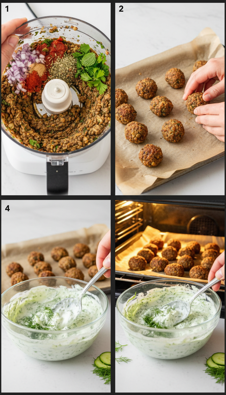 Step by step process of making baked Greek lentil meatballs with tzatziki