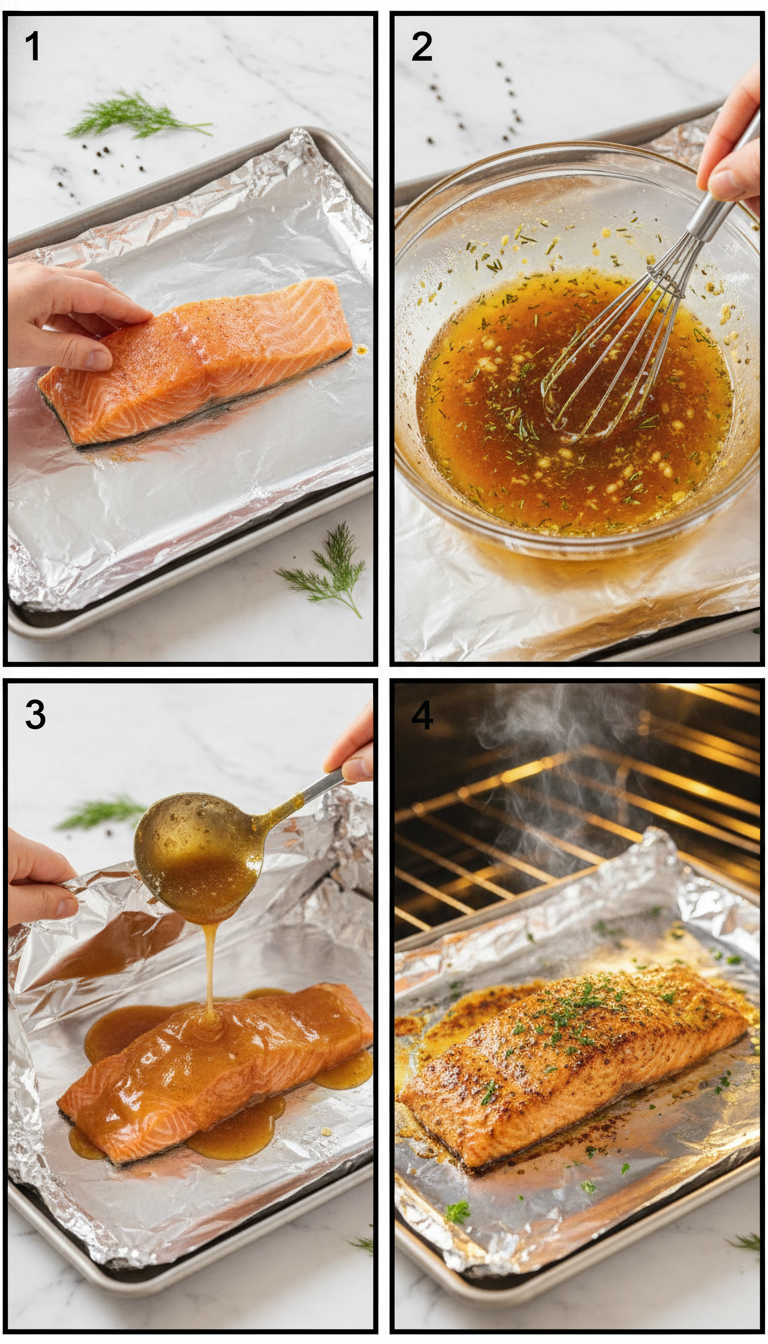 Step-by-step process showing salmon preparation, sauce mixing, and foil packet assembly for Baked Honey Garlic Salmon