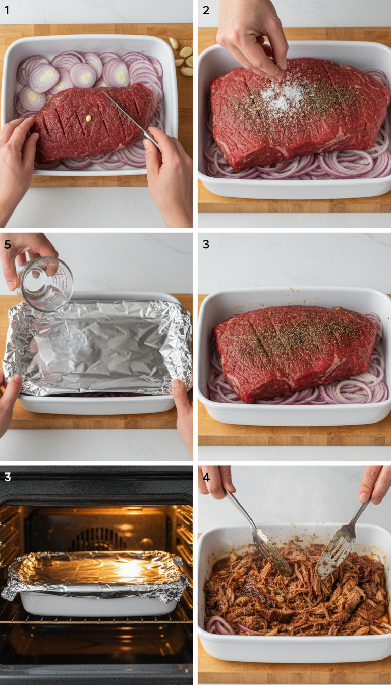 Step-by-step visual guide showing braised beef chuck roast preparation from seasoning to final shredded presentation