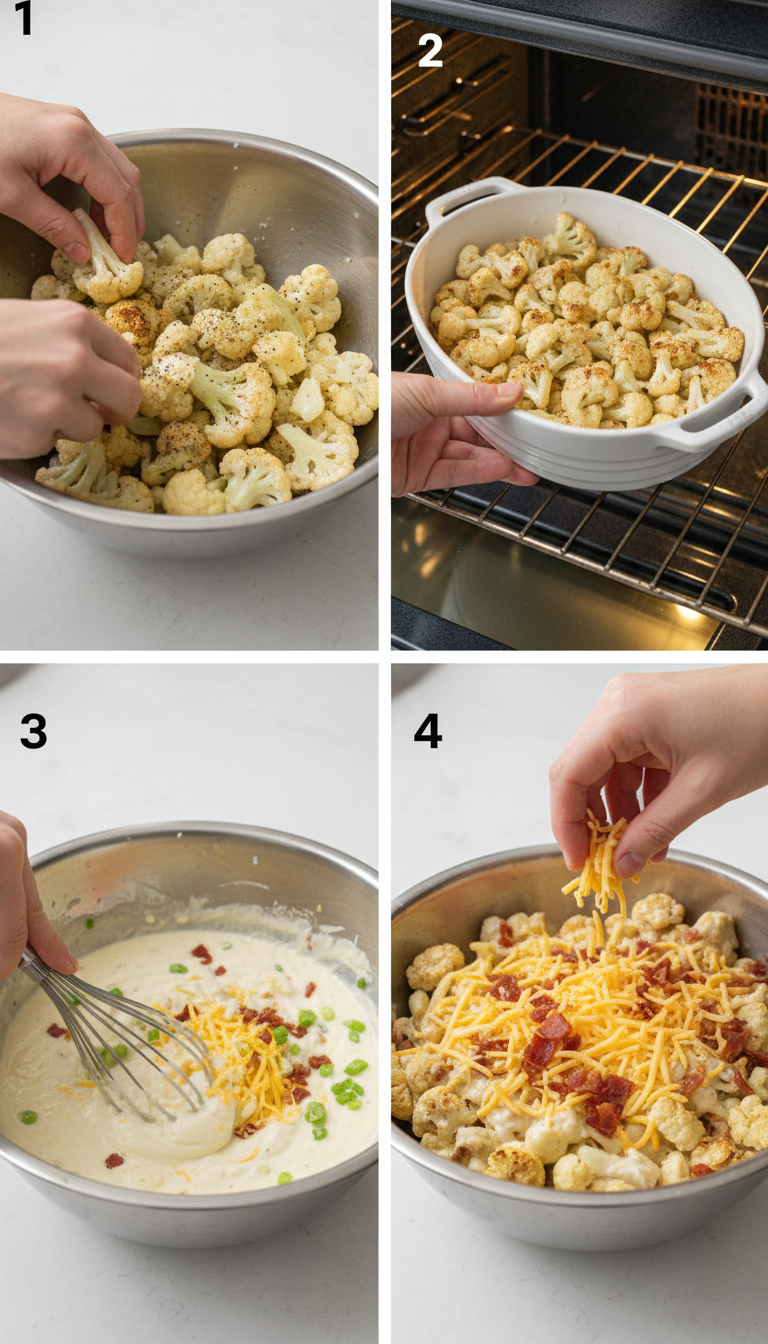 Step-by-step process showing cauliflower florets being tossed with butter, roasted until golden, then mixed with creamy cheese sauce for cauliflower casserole