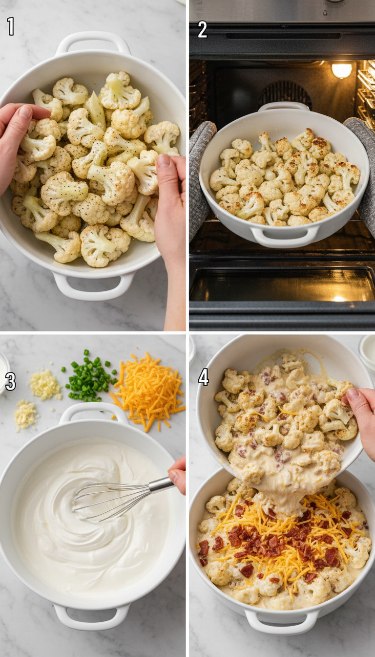 Step by step process showing cauliflower florets being tossed with butter, roasted until golden, mixed with creamy sauce, and topped with melted cheese for the perfect cauliflower casserole