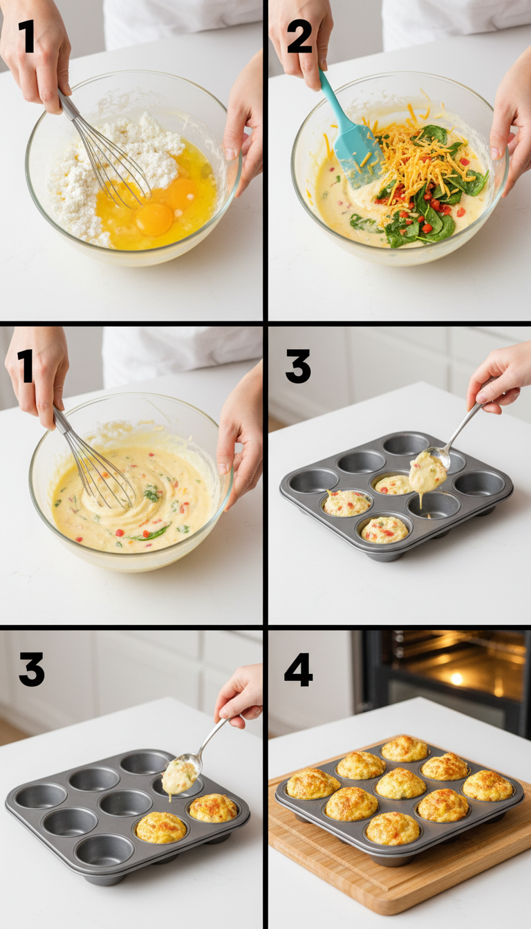 Step by step process of making cottage cheese egg bites showing mixing bowl, filled muffin tin, and finished golden bites