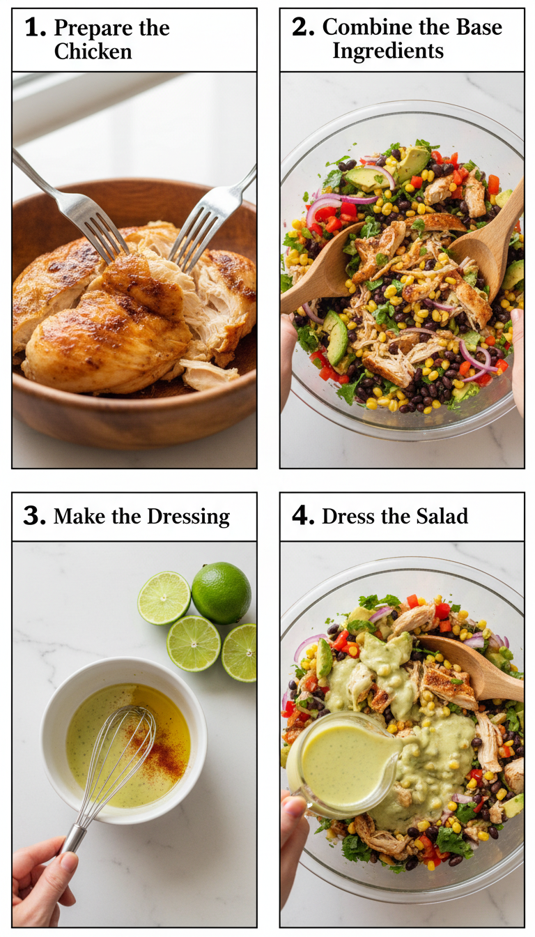 Step-by-step preparation photos showing chicken shredding, ingredient combining, dressing preparation, and final plating of chipotle lime chicken salad