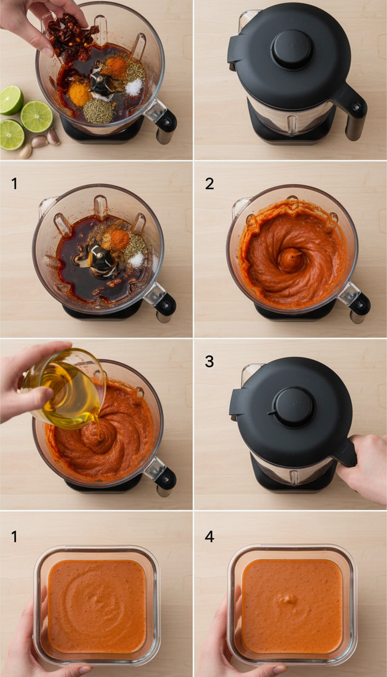 Step-by-step process of making chipotle vinaigrette showing blending stages and final glossy dressing