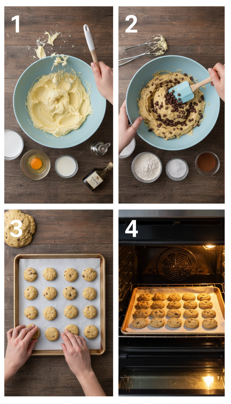 Step by step process of making chocolate chip cheesecake cookies showing mixing bowls and cookie dough formation
