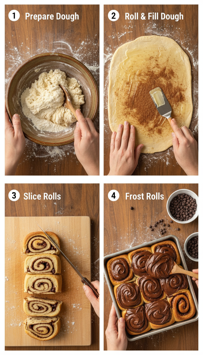 Step by step process photos showing dough preparation, rolling, filling application, and slicing of chocolate chip cinnamon rolls
