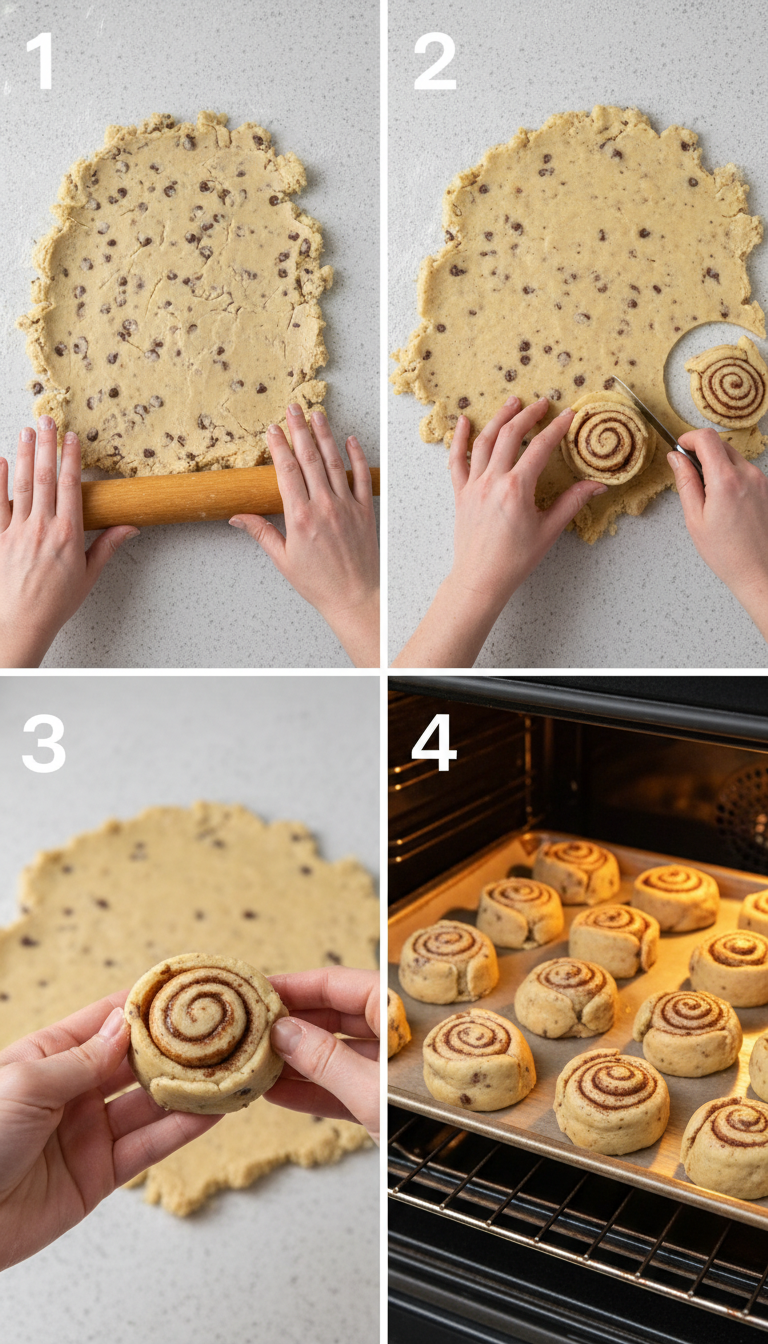 Step by step process photos showing cookie dough wrapping around cinnamon rolls