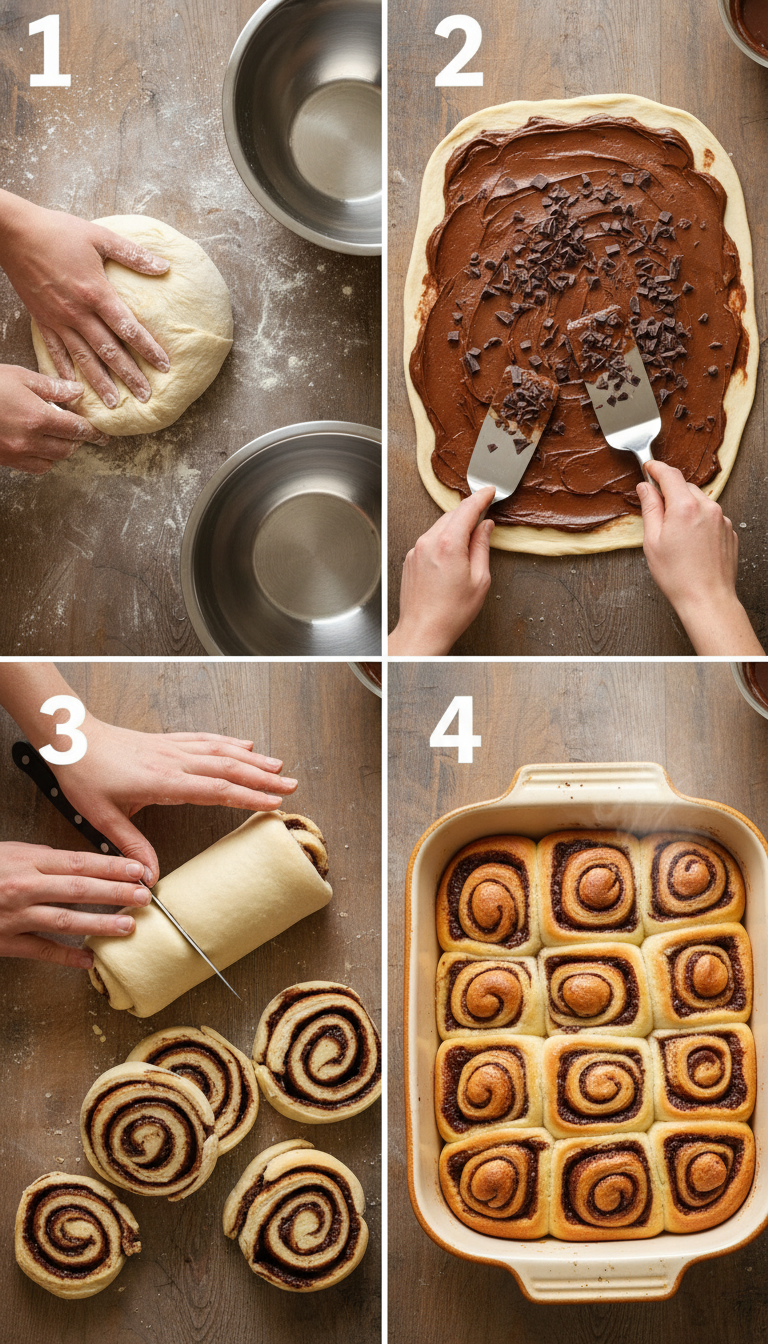 Step-by-step photos showing chocolate espresso cinnamon roll preparation from dough mixing to final glazed rolls