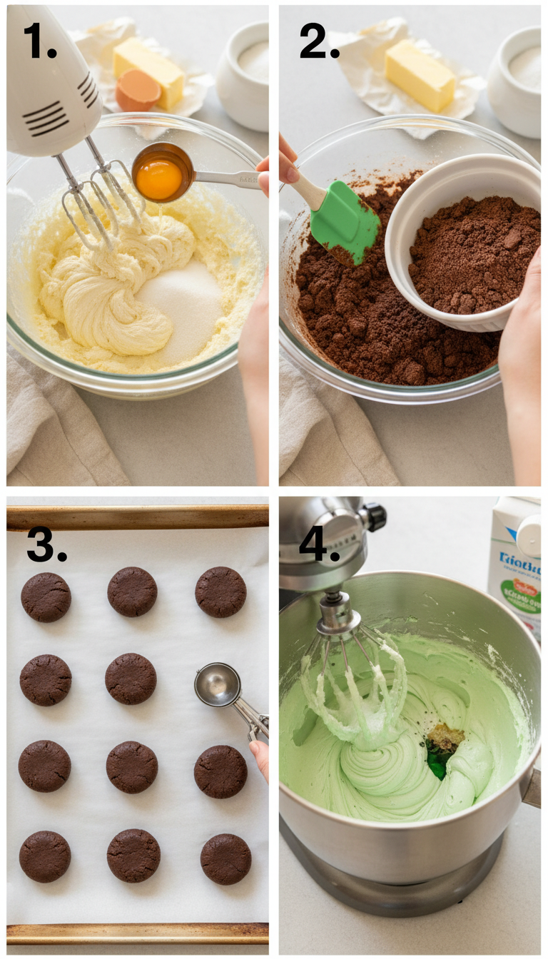 Step by step process of making chocolate mint cookies from mixing to final decorated cookies