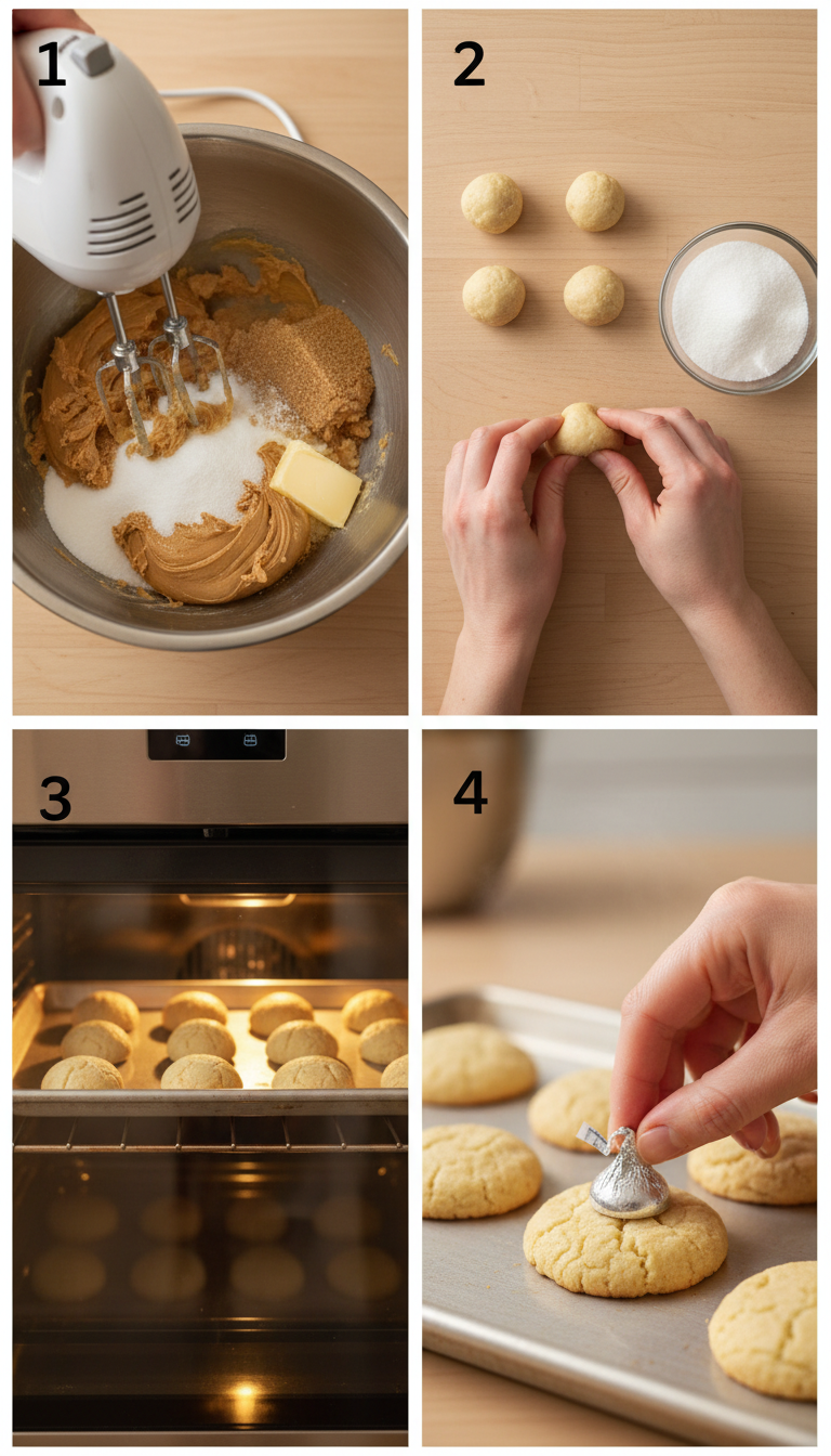Step by step process showing cookie dough preparation, rolling in sugar, and placing chocolate kisses on baked cookies