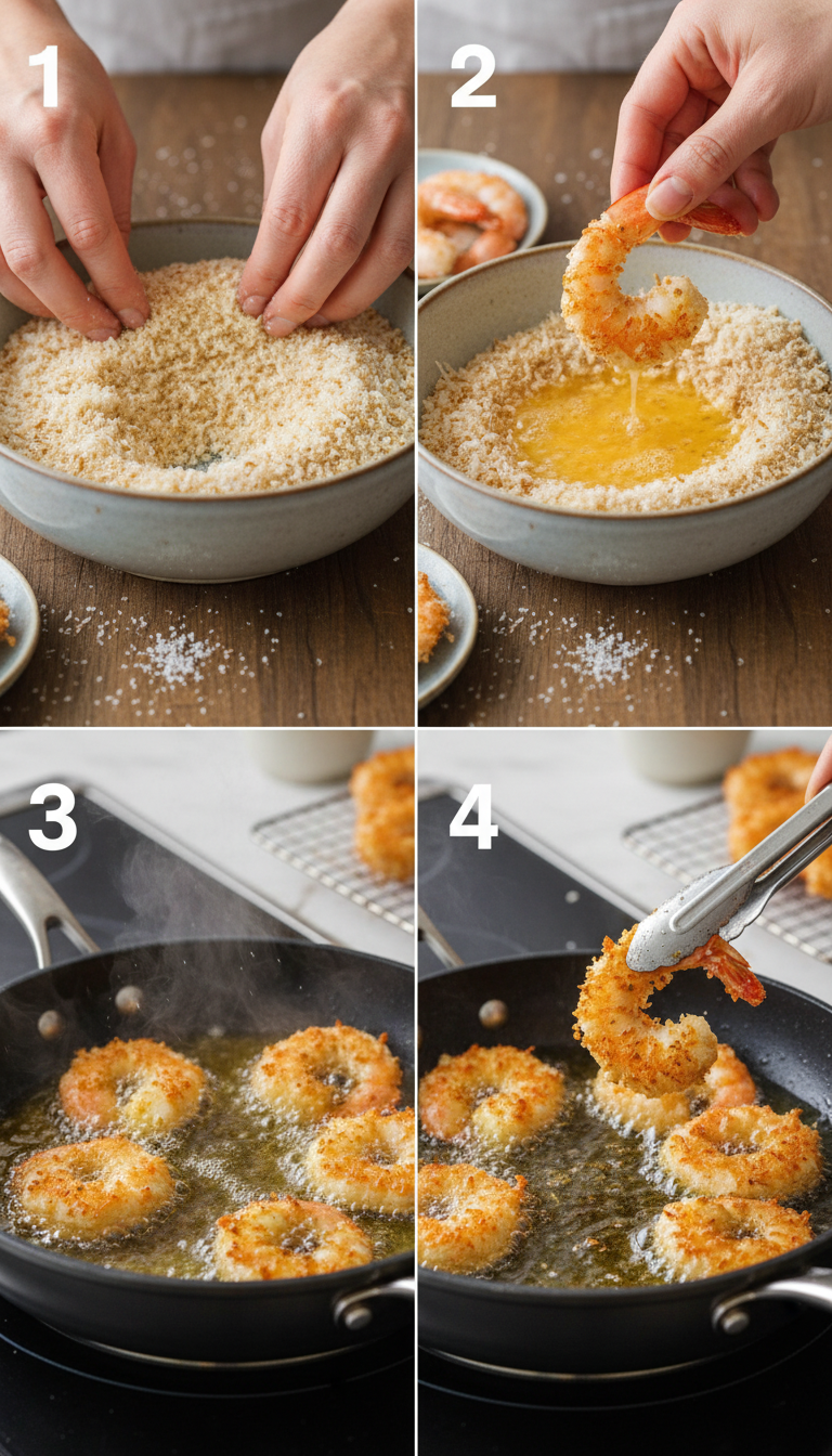 Step-by-step process showing shrimp being coated in flour, egg wash, and coconut-panko mixture