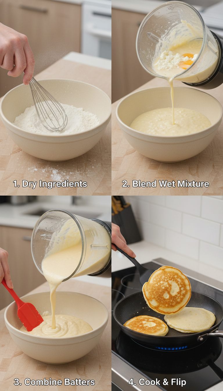 Step-by-step process of making cottage cheese pancakes showing mixing, blending, and cooking stages