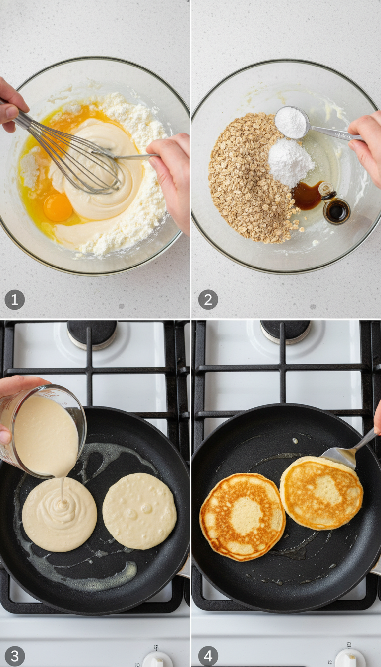 Step by step process of making cottage cheese pancakes showing mixing bowl with ingredients, heated skillet, and golden brown pancakes cooking