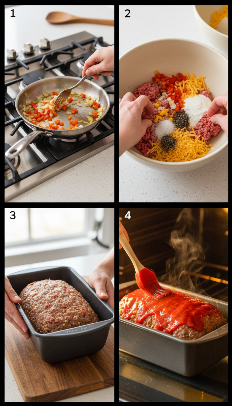 Step-by-step visual guide showing the preparation process of Cracker Barrel meatloaf copycat from mixing ingredients to final glazed loaf