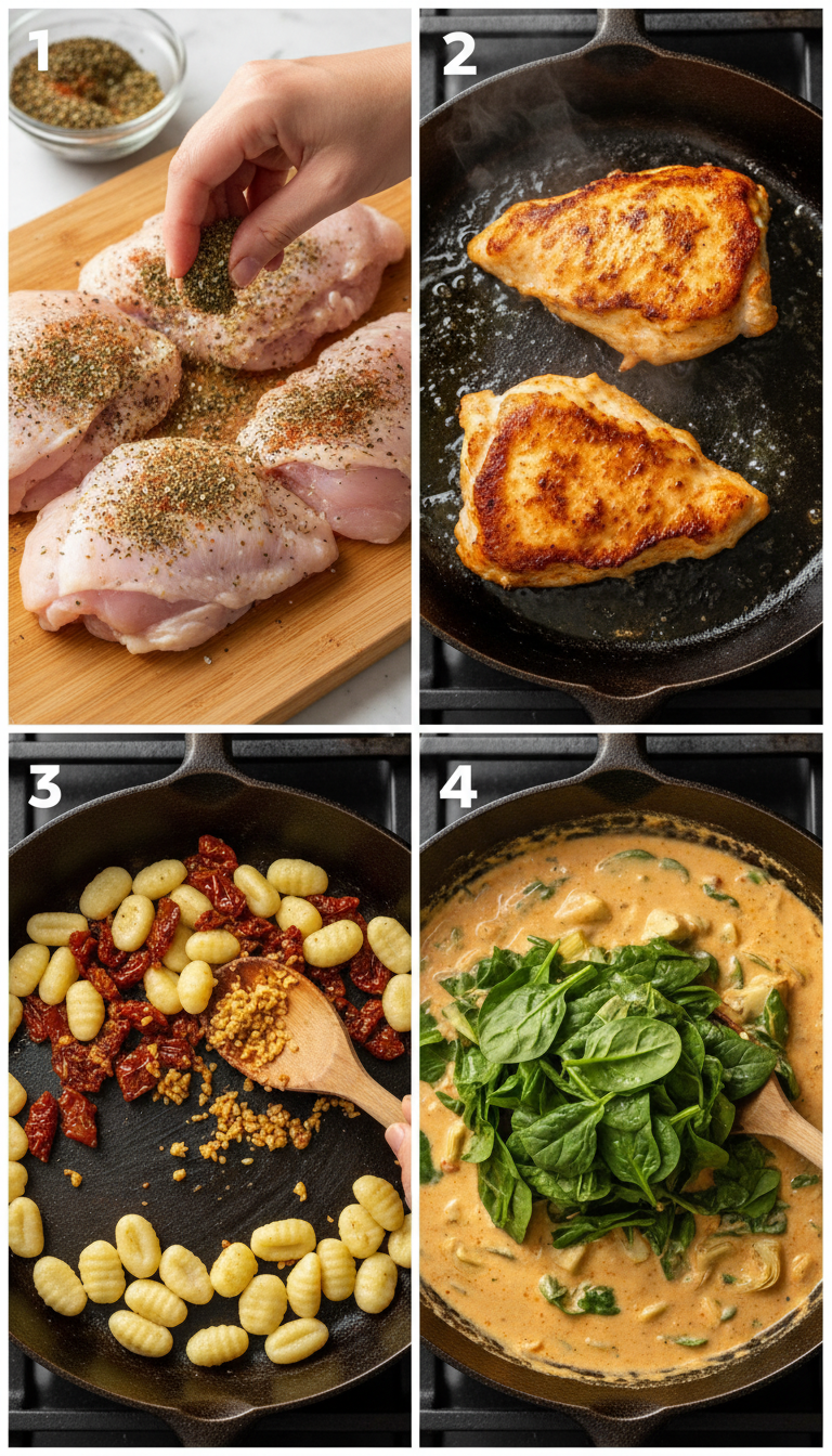 Step-by-step visual guide showing the cooking process for Creamy Tuscan Chicken and Gnocchi from seasoning chicken to final plated dish