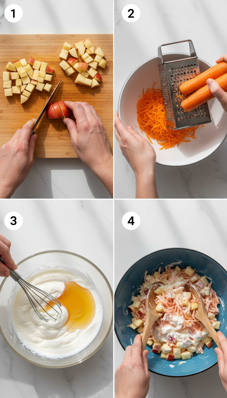 Step-by-step process of making Crunchy Apple Carrot Salad showing dicing, grating, and mixing techniques