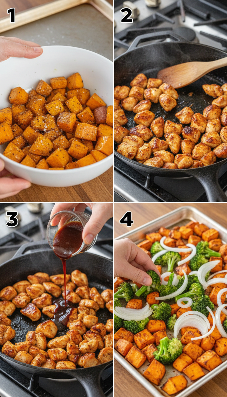 Step-by-step cooking process showing sweet potatoes roasting in oven, chicken cooking in skillet with BBQ sauce, and final assembly of colorful bowls