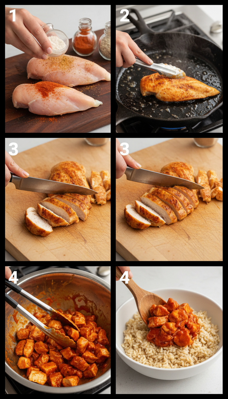 Step by step process photos showing buffalo chicken preparation and bowl assembly