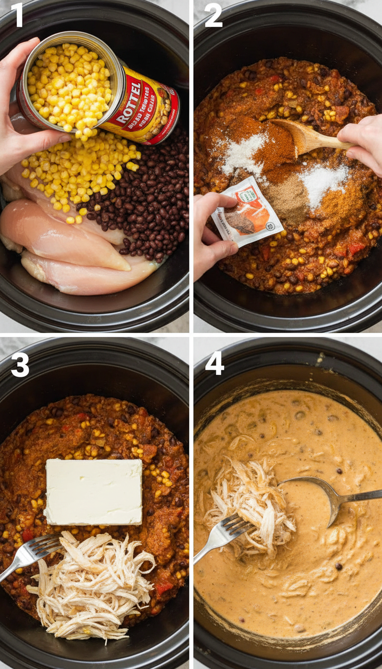 Step by step process showing ingredients being layered in crock pot for Easy Crock Pot Cream Cheese Chicken Chili