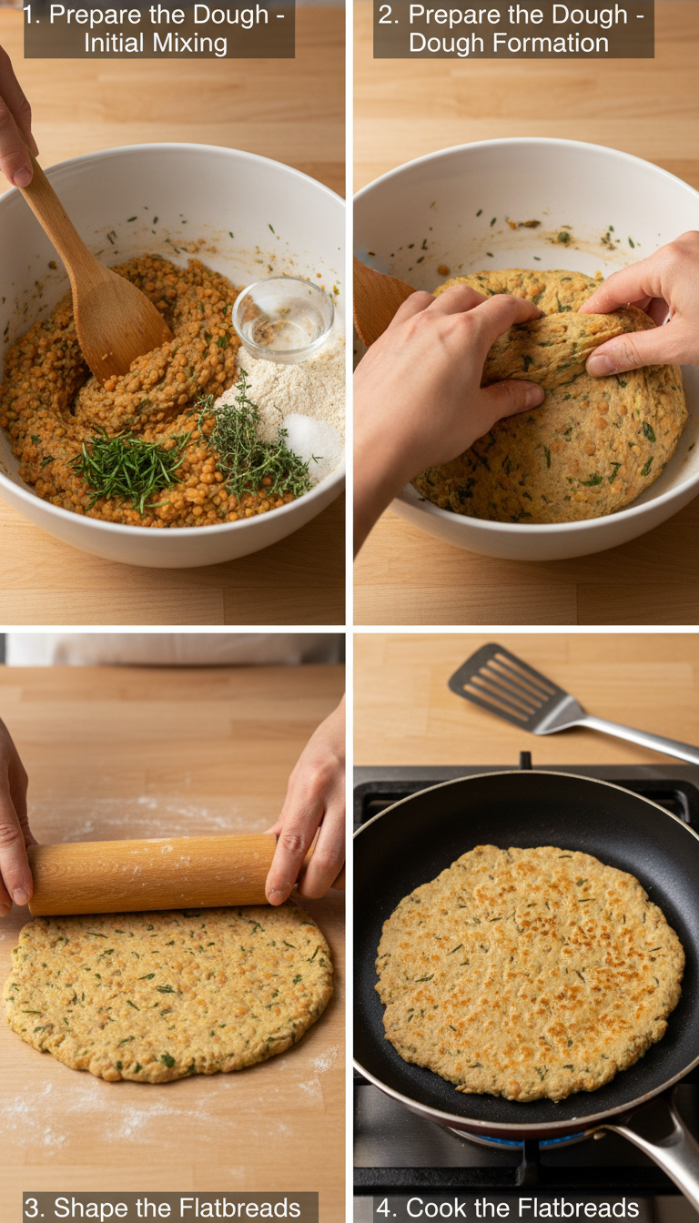 Step-by-step process of making easy lentil and herb flatbreads showing mixing, shaping, and cooking stages