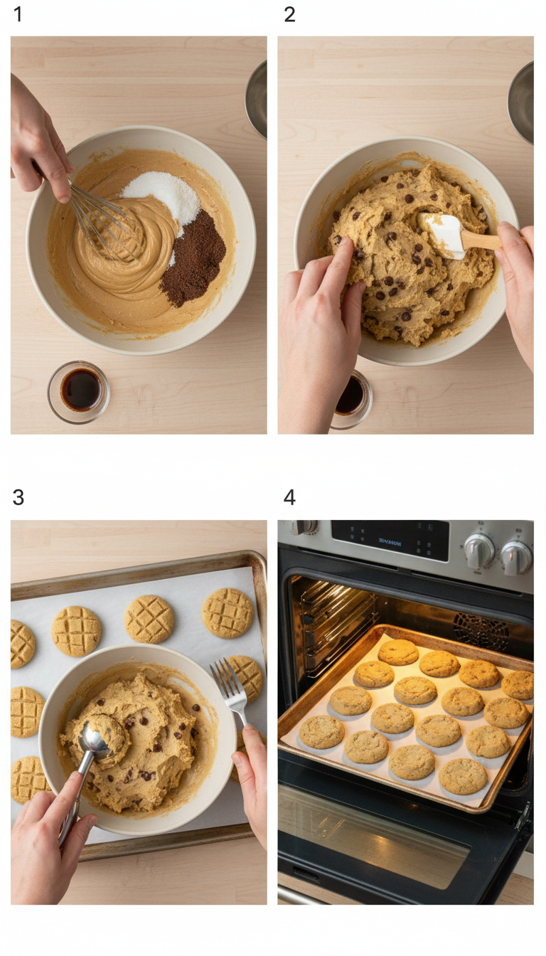 Step-by-step process of making Easy Peanut Butter Chocolate Chip Cookies showing mixing, shaping, chilling, and fork-pressing techniques