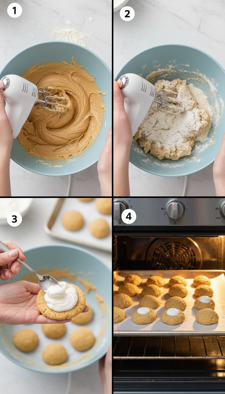 Step by step process showing cookie dough preparation and marshmallow cream filling technique