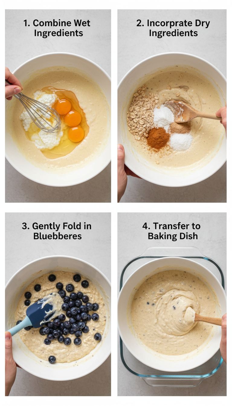 Step by step process of making fluffy cottage cheese blueberry bake showing mixing bowl with ingredients and final baked dish