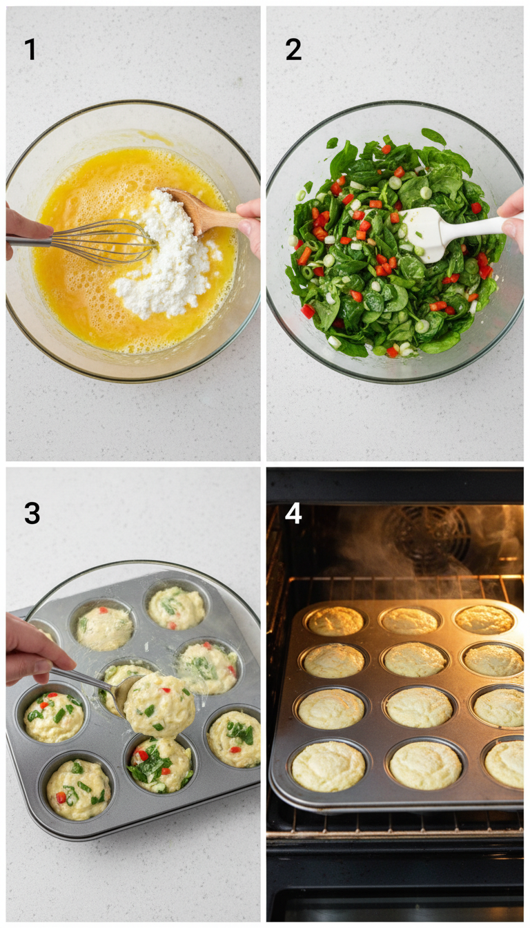 Step-by-step preparation photos showing whisked eggs, cottage cheese mixture, and filled muffin tins for fluffy cottage cheese egg muffins
