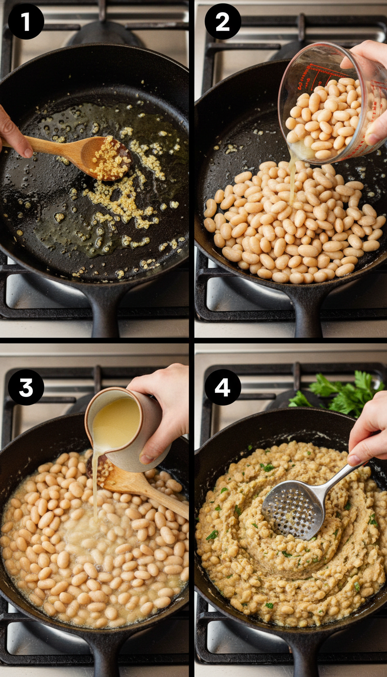 Step by step process of making garlic white bean mash showing sautéed garlic, beans being added to pan, mashing process, and final creamy result