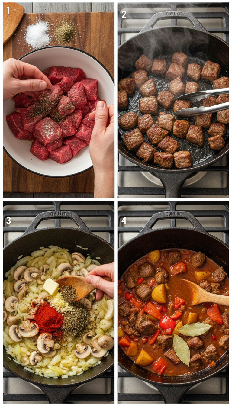 Step by step cooking process showing beef browning, onion caramelization, and final Hungarian goulash presentation
