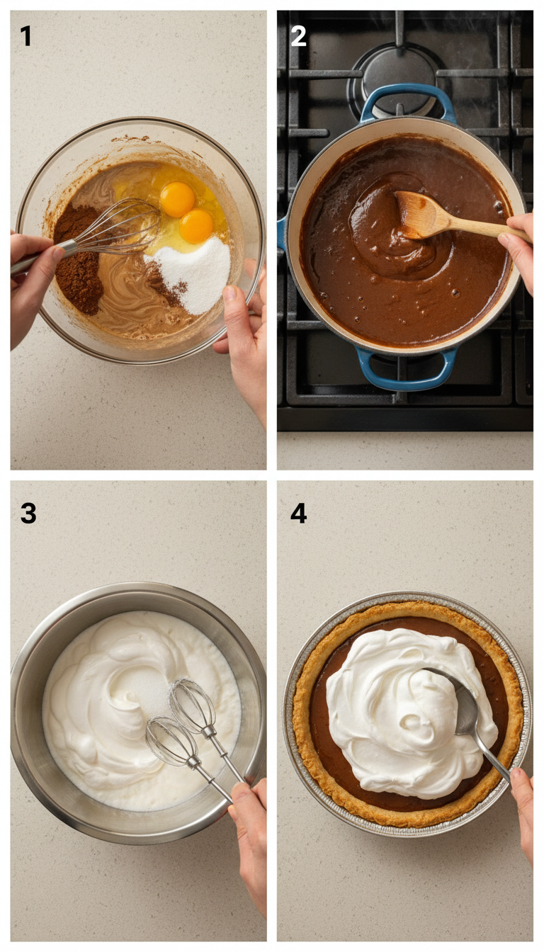 Step-by-step process showing chocolate custard cooking and meringue preparation for grandma's chocolate pie