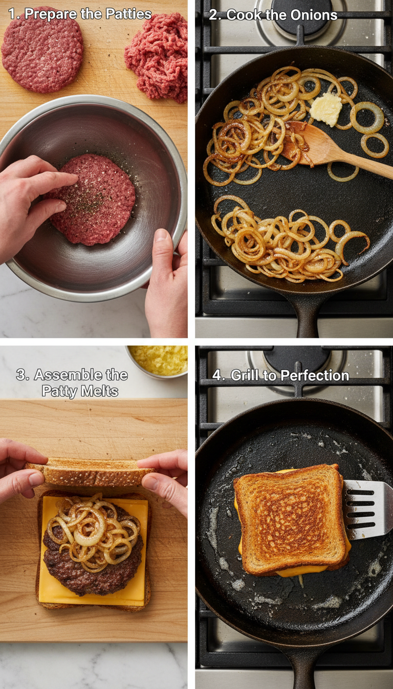 Step-by-step process of making grilled cheese patty melts showing patty formation, cooking, and assembly