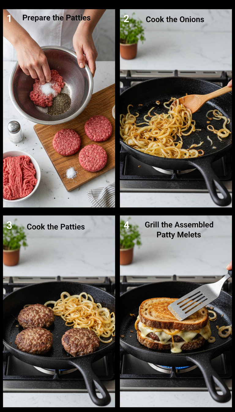 Step by step process of making grilled cheese patty melts showing patty formation, cooking stages, and assembly