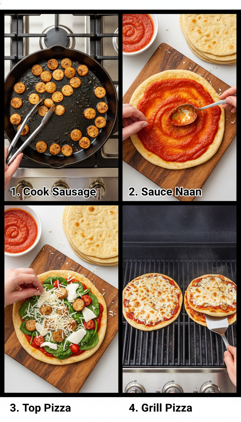 Step-by-step photos showing the process of making grilled chicken sausage, spinach, and mozzarella pizza from preheating grill to final garnish