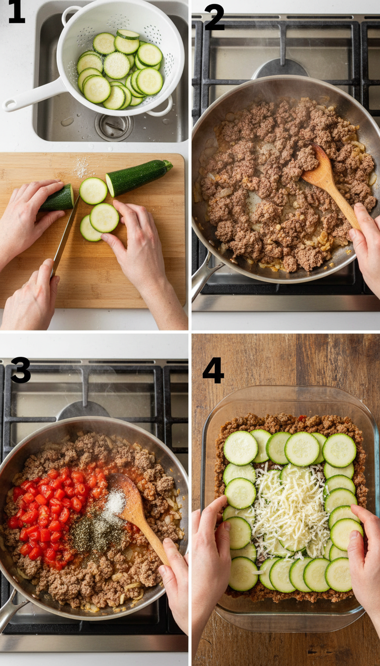 Step-by-step visual guide showing Ground Beef Zucchini Casserole preparation from sliced zucchini to final golden-topped casserole