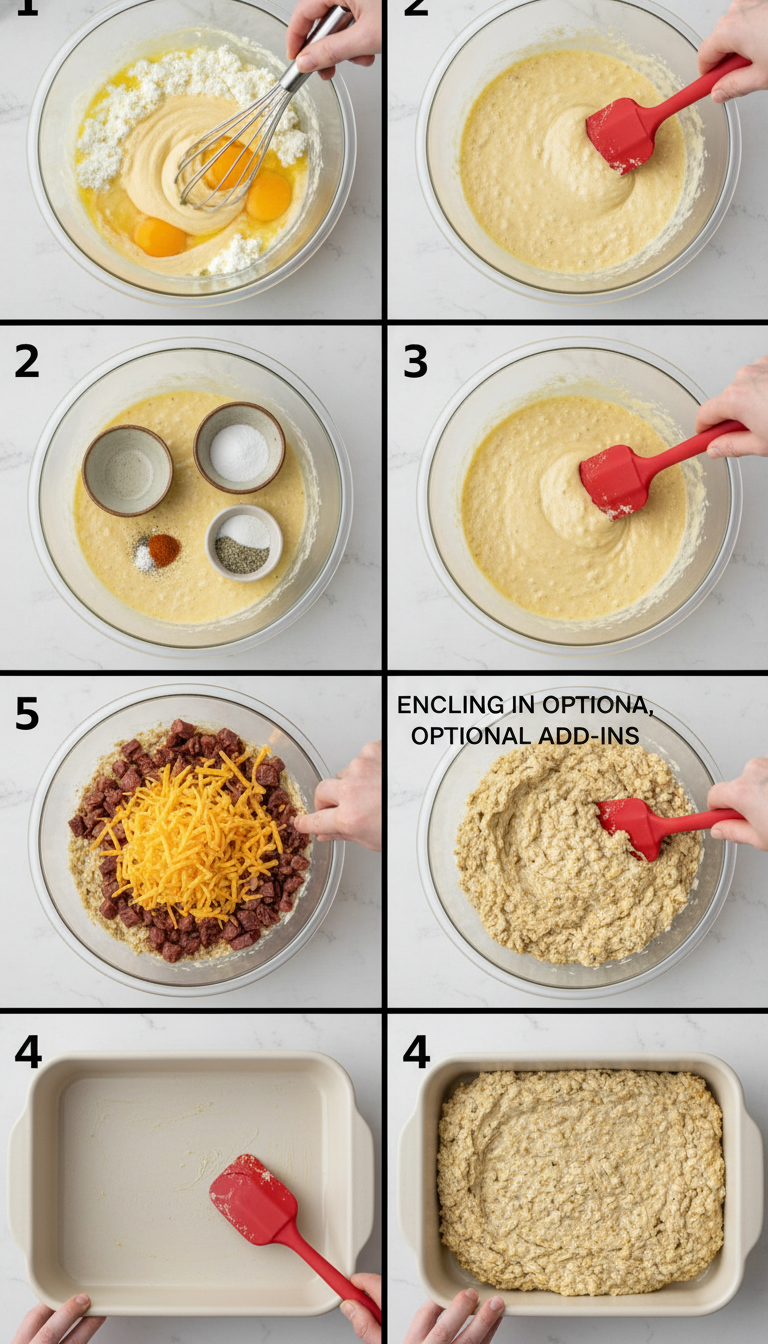 Step by step process of making High Protein Cottage Cheese & Egg Breakfast Bars showing mixing, pouring, and baking stages