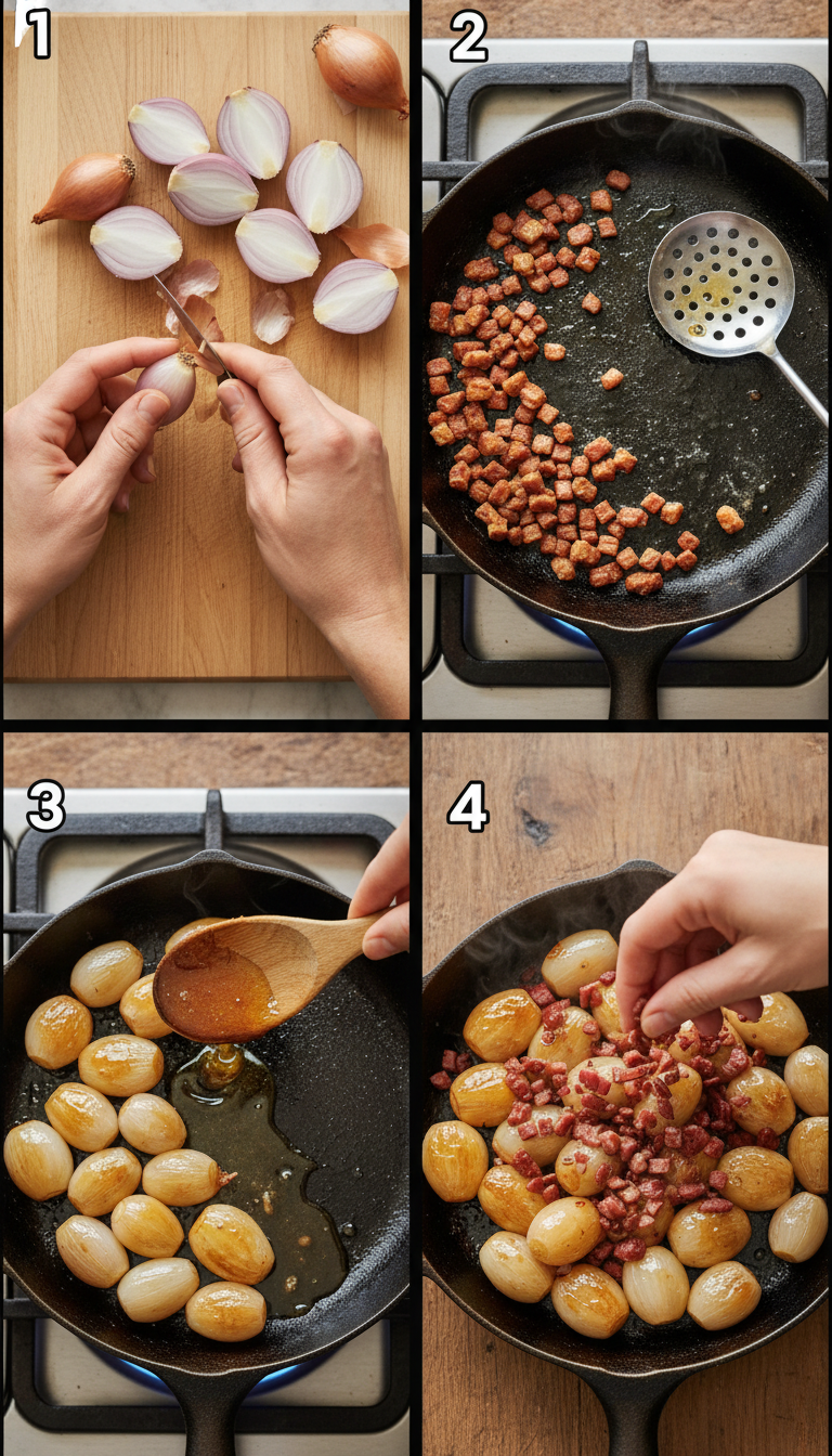 Step-by-step preparation process showing shallot peeling, cooking stages, and final glazing