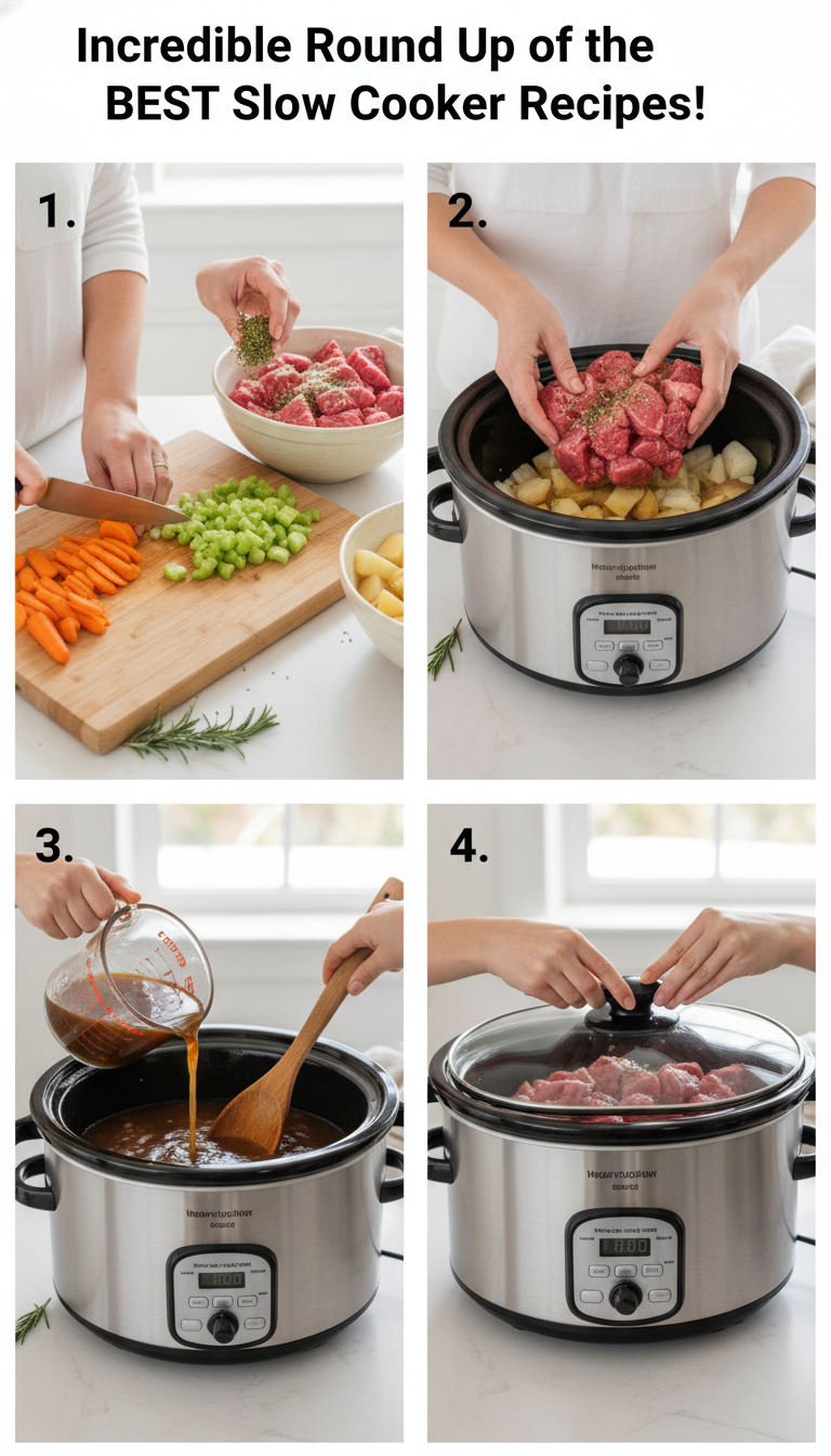 Step by step process showing ingredients being layered in a slow cooker, from bottom vegetables to top proteins and seasonings
