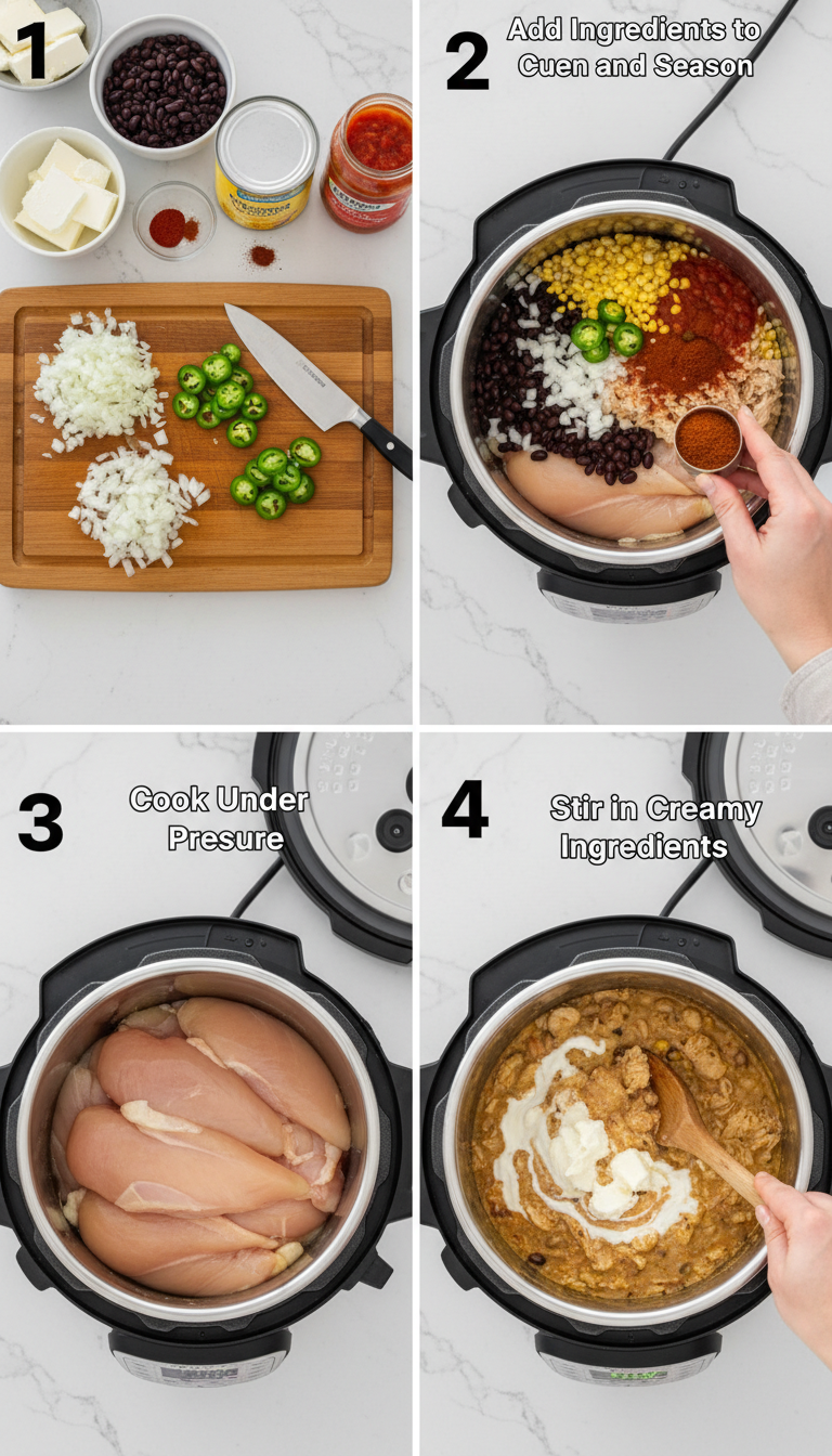 Step by step process of making Instant Pot White Chicken Chili Recipe showing ingredients being added to pressure cooker