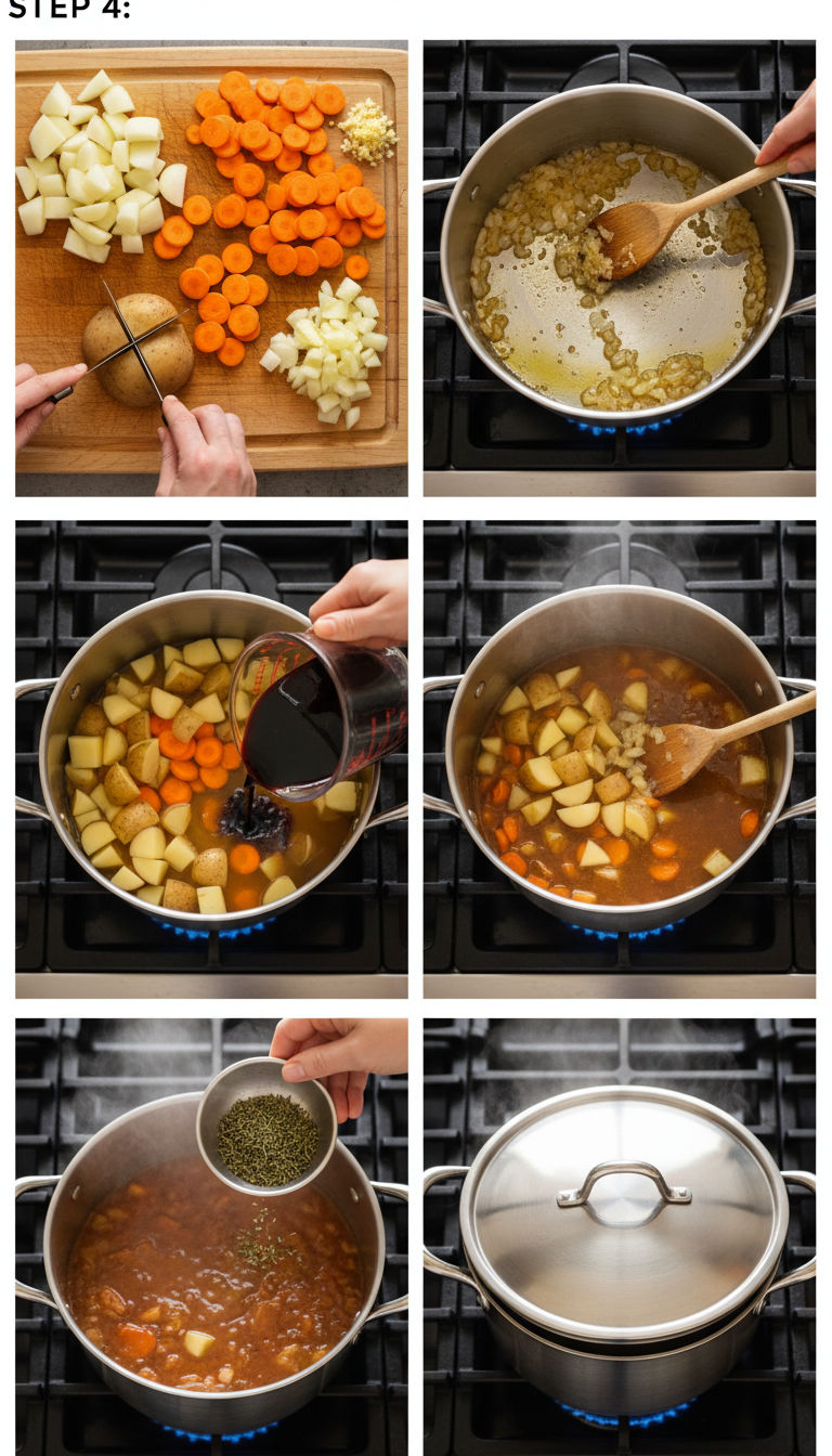 Step-by-step preparation images showing vegetable chopping, sautéing aromatics, adding liquids, and the final simmering Irish Vegetarian Stew