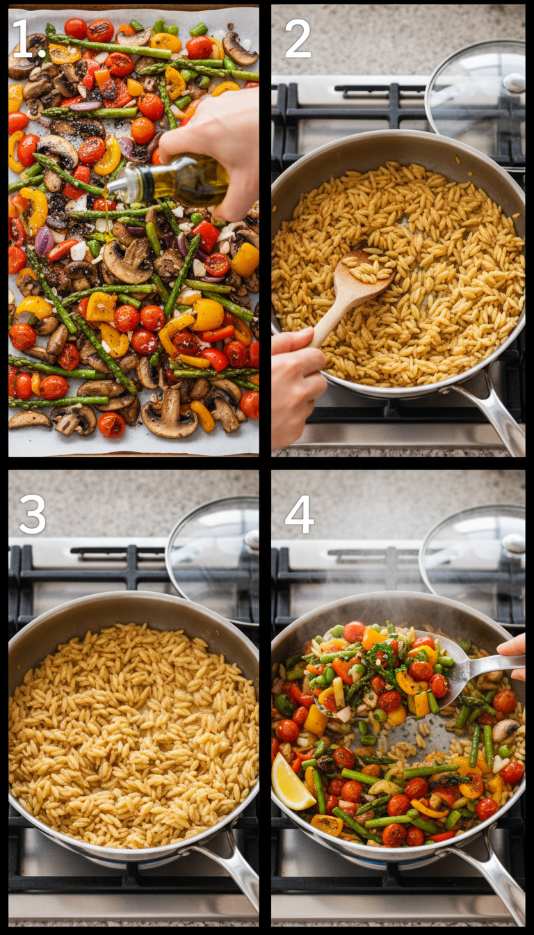 Step-by-step visual guide showing the preparation process of Lemon Garlic Orzo with Roasted Vegetables from raw ingredients to finished dish