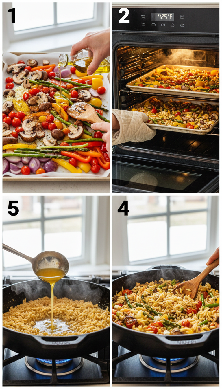 Step-by-step visual guide showing the process of making Lemon Garlic Orzo with Roasted Vegetables from toasting pine nuts to the final plated dish