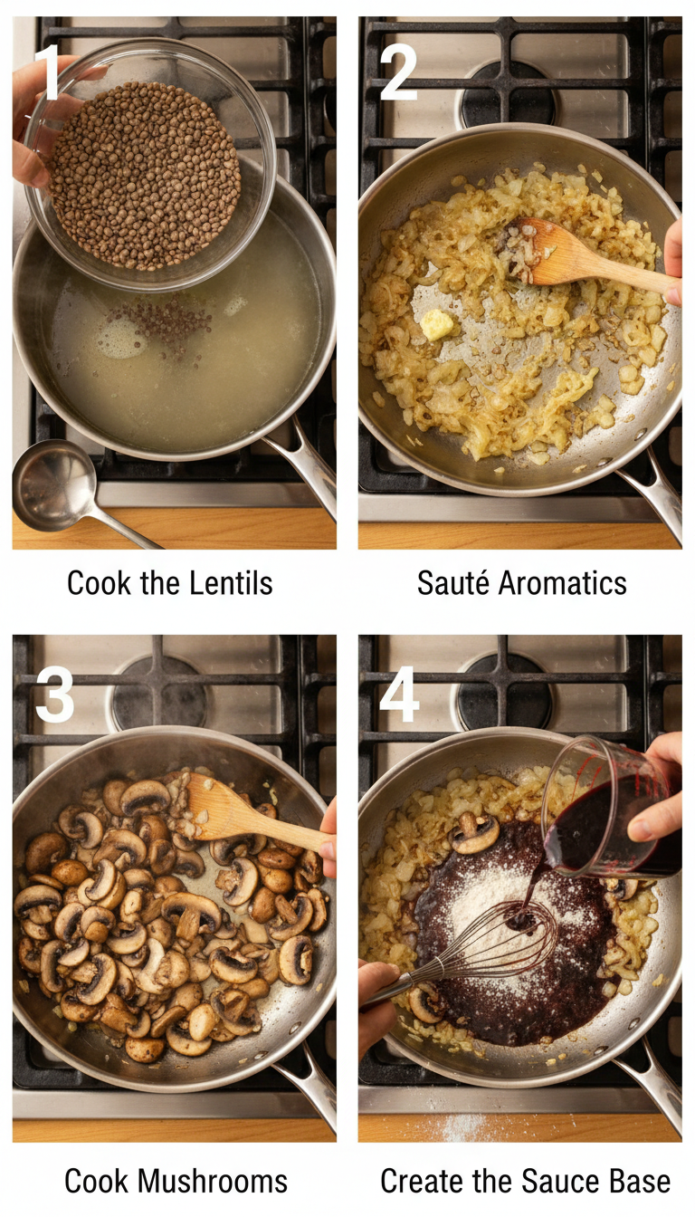 Step-by-step cooking process showing lentils cooking, mushrooms sautéing, and the final creamy stroganoff